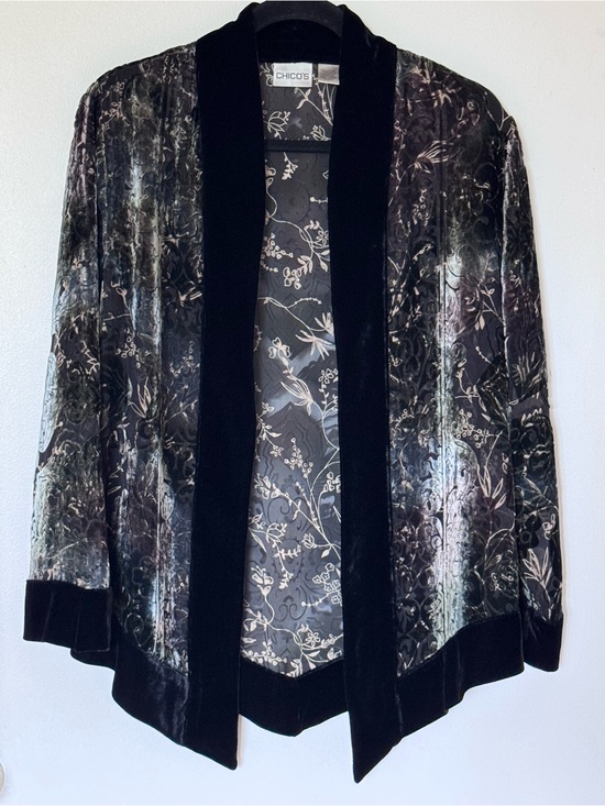 Chico's Sweaters - Chico's Velvet Open-Front Jacket in Black and Silver Floral Print